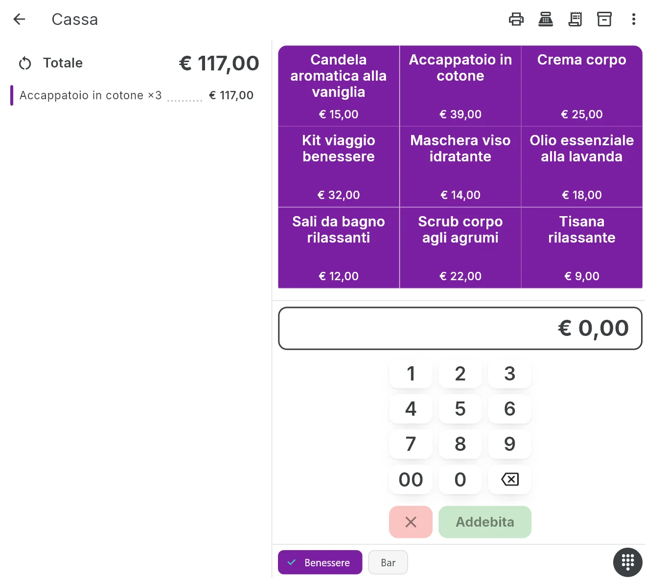 Cassa di Vezpa: catalogo articoli, totale e tastierino